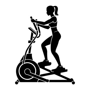 Saçları at kuyruğu olan bir kadının siyah silueti yandan gösteriliyor, eliptik bir makinede aktif olarak çalışıyor. Atletik kıyafetler giyiyor ve ayakları pedallarda, elleri de gidona tutunuyor.. 