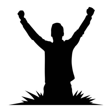 Siyah bir siluet kollarını kaldırıp kutlama jesti yapar. Siluetin alt kısmı çimene ya da sivri uçlu sivri uçlara benzeyen keskin şekillerle çevrili. Bu da düz beyaz bir arka Grou 'ya karşı dinamik bir görsel etki yaratıyor.