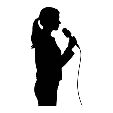 Profil üzerinde duran, sağ elinde mikrofon tutan siyah bir kadın silueti. Mikrofon aşağıya doğru uzanan bir kabloya bağlı. Kadının saçları at kuyruğu şeklinde bağlanmış. Arkaplan beyaz.