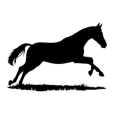 Dörtnala koşan bir atın siyah silueti, bir çim şeridi boyunca uzanan bacakları ile tasvir edilir. At profilden gösteriliyor, yelesi ve kuyruğu akıyor. Arka plan bembeyaz. Animanın dinamik hareketini vurguluyor.