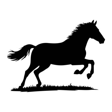 Siyah bir at silueti dörtnala giderken bacakları çimenlerin üzerinde hareket ederken gösterilir. At yelesi ve kuyruğu akarak hareket ve hız hissini vurguluyor. Arka plan bembeyaz, hayvanı izole ediyor ve... 