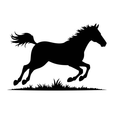 Dörtnala koşan bir atın siyah silueti, bir çim şeridi boyunca uzanan bacakları ile tasvir edilir. Atın yelesi ve kuyruğu akıyor, hareket ve hızı gösteriyor. Resim beyaz arkaplanı olan grafik bir illüstrasyondur, vurgula