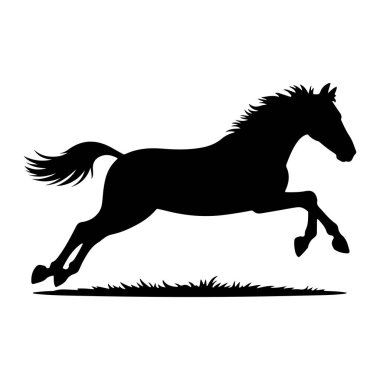 Dörtnala koşan bir atın siyah silueti düz beyaz bir arka planda resmedilir. Atın bacakları açılır ve güçlü bir hareket hissi aktarılır. Çimenli bir alanın stilize edilmiş bir temsili, görüntünün altında çalışır.