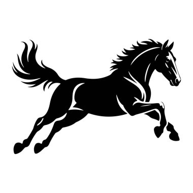 Bir atın siyah silueti beyaz bir arka planda dörtnala giderken tasvir edilir. At dinamik bir pozda yakalanır, bacakları sanki zıplar ya da son sürat koşar gibi açılır. Yelesi ve kuyruğu hareket hissini vurguluyor.