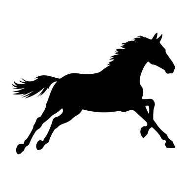 Dörtnala koşan bir atın siyah silueti düz beyaz arka planda tasvir edilir. At yelesi ve kuyruğu akıyor, ve bacakları dinamik bir pozda uzanıyor, bir hız ve hareket hissi veriyor. Taslak keskin ve temiz, Hig.