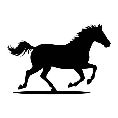 Dörtnala koşan bir atın siyah silueti düz beyaz bir arka planda resmedilir. At dinamik bir pozla yakalanır, bacakları açılır ve yelesi ve kuyruğu hareket eder, hız ve hareket hissi verir. Taslak temiz ve...
