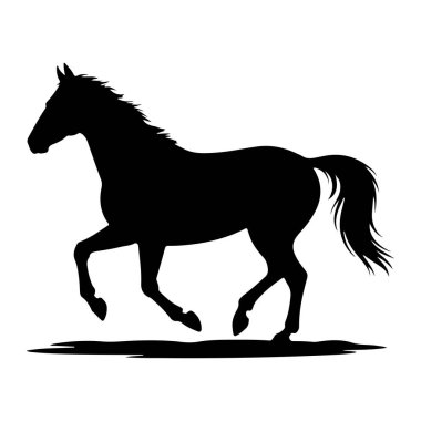 Bir atın siyah silueti beyaz bir arka planda dörtnala giderken tasvir edilir. At, yelesi ve kuyruğu akarken yandan gösteriliyor. Bacakları hareket ediyor, bir hız ve güç hissi yayıyor. Taslak temiz ve keskin, kreati.