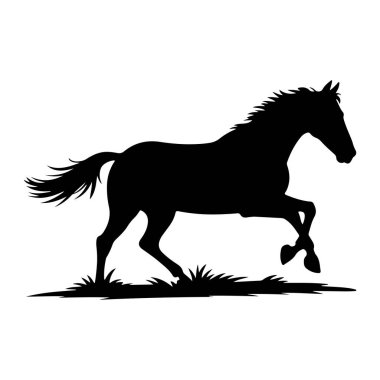 Bir atın siyah silueti hareket halinde tasvir edilir, bir çimen parçasında dörtnala koşar gibi görünür. At, bacakları orta basamakta yelesi ve kuyruğu akarken gösteriliyor. Görüntü düz beyaz arkaplana karşı katıksız siyah beyaz bir grafiktir.
