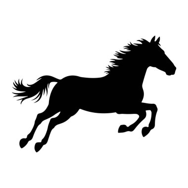 Dörtnala koşan bir atın siyah silueti düz beyaz bir arka planda resmedilir. Atın yelesi ve kuyruğu akıyor, hareket ve hızı gösteriyor. Bacakları genişliyor, bazıları havada, sıçrama hissi ya da güçlü bir moti aktarıyor.