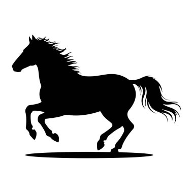 Dörtnala koşan bir atın siyah silueti düz beyaz bir arka planda resmedilir. Atın yelesi ve kuyruğu dinamik bir şekilde akıyor. Bu da hareket ve hızı gösteriyor. Hayvan profilden yakalanır, bacakları tamamen açılır.