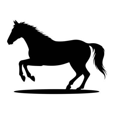Bir atın siyah silueti dinamik bir zıplama pozuyla bembeyaz bir arka plana karşı tasvir edilir. At yelesi ve kuyruğu akıyor, hareket ve enerjiyi işaret ediyor. Ön bacakları kalkık ve arka bacakları açılmıştır.