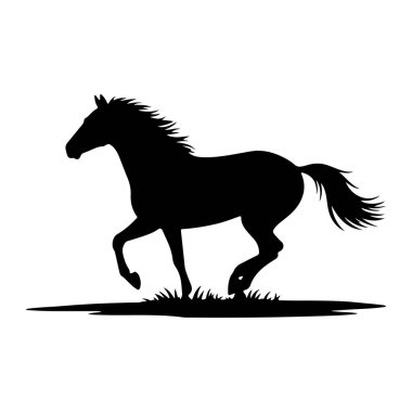 Bir atın siyah silueti hareket halinde tasvir edilir, bir çimen parçasında koşar gibi görünür. Atın yelesi ve kuyruğu vardır ve bacakları orta basamakta yakalanır. Arka plan, siyah f 'nin katıksız kontrastını vurgulayan temiz bir beyazdır.