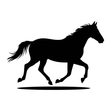 Bir atın siyah silueti, koşuyor ya da dörtnala koşuyor gibi görünüyor. At, düz beyaz bir arka planda yelesi ve kuyruğu akan bacakları açık bir şekilde tasvir edilir. Atın altındaki gölge hareket ve derinliği gösteriyor..