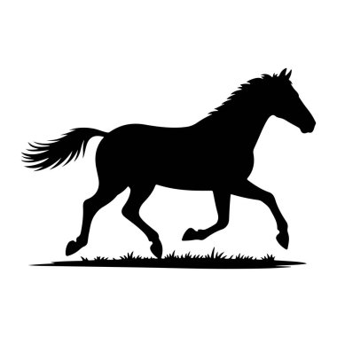 Bir atın siyah silueti hareket halinde tasvir edilir, çimenlerin üzerinde koşarken orta adımda yakalanır. At, yelesi ve kuyruğu dinamik bir şekilde akarken profilden gösteriliyor. Görüntü tam bir siyah-beyaz grafik çizimi. 
