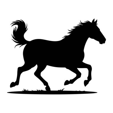 Dörtnala koşan bir atın siyah silueti düz beyaz bir arka planda resmedilir. At, ayakları hareket halinde yelesi ve kuyruğu dinamik bir şekilde akarken gösterilir. Çimlerin basit, stilize bir tasviri, onun fahişesinin altında görünür.