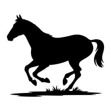 Bir atın siyah silueti, orta basamaklı bir alanda koşuyor gibi görünüyor. At, yelesi ve kuyruğu akan yandan tasvir edilir. Arka plan bembeyaz, siyah formun katıksız kontrastını vurguluyor..