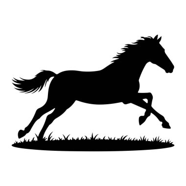 Dörtnala koşan bir atın siyah silueti, bir çimen parçası boyunca uzanan bacakları ile tasvir edilir. Atın yelesi ve kuyruğu akıyor, hareket ve hızı gösteriyor. Arkaplan sade beyazdır, taban zıtlığını vurgular. 