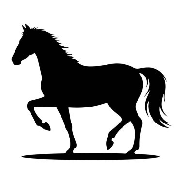 Beyaz arka planda siyah bir at silueti tasvir edilir. At hareket halinde, ön sol bacağı yukarıda ve gövdesi öne doğru açılı. Yelesi ve kuyruğu akıyor, hareket ve enerjiyi işaret ediyor. Siluet temiz.