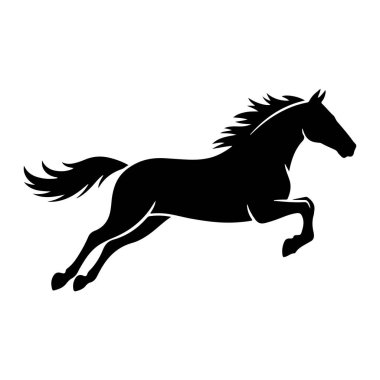 Bir atın siyah silueti, koşuyor ya da zıplıyor gibi görünüyor. At yelesi ve kuyruğuyla tasvir edilir, bir hareket ve enerji hissi iletir. Görüntü, düz beyaz bir arkaplan üzerine kurulmuş siyah bir forma sahip..