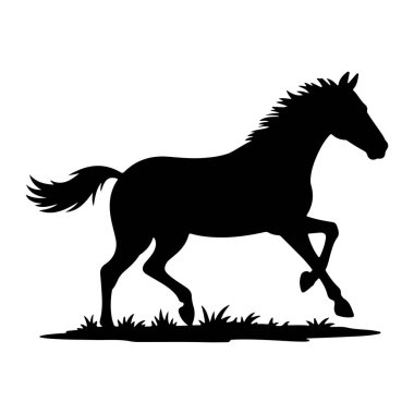 Bir atın siyah silueti hareket halinde tasvir edilir, bir çimen parçasında koşar gibi görünür. Atın yelesi ve kuyruğu dalgalı ve bacakları sanki orta adımdaymış gibi konumlandırılmış. Görüntü, beyaz bir arka plana karşı basit, grafik bir gösterimidir