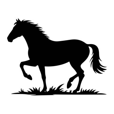 Bir atın siyah silueti hareket halinde tasvir edilir, biçimli çimenlerin arasında koşar gibi görünür. At yelesi ve kuyruğu akarken gösteriliyor ve bir ön kol sanki orta adımdaymış gibi kalkıyor. Görüntü açık bir siyah beyaz grafiktir.