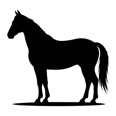 Beyaz arka planda siyah bir atın silueti profilde yer alırken resmedilir. At, başı dik ve kuyruğu akarken sola bakıyor. Siluet simsiyahtır, hiçbir iç detay yoktur, ana hatlarını vurgular.