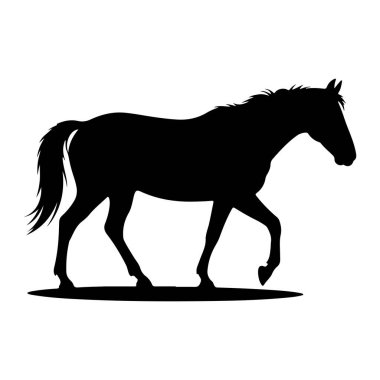 Bir atın siyah silueti bembeyaz arka planda soldan sağa doğru yürürken tasvir edilir. At profilden gösteriliyor, yelesi ve kuyruğu akıyor. Bacakları hareket ediyor, sabit bir yürüyüş izlenimi veriyor. Taslak temiz ve keskin, CR