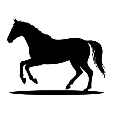 Bir atın siyah silueti profille tasvir edilir, beyaz bir arka planda çıplak bir yürüyüşün ortasında yakalanır. Atın yelesi ve kuyruğu dinamik bir şekilde akıyor, bu da hareket olduğunu gösteriyor. Bacakları sanki hareket halindeymiş gibi, bir ön kolu yukarıda ve arka tarafı yukarıda.