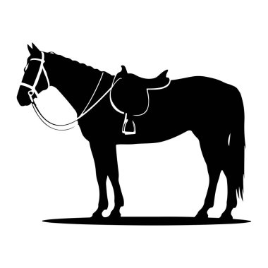 Siyah bir at silueti sola dönük, eyer ve dizginle duruyor. Atın yelesi ve kuyruğu var. Eyer sırtına yerleştirilir ve dizginler aşağı sarkarak başını kapatır. Görüntü kesinlikle bir şeyle çelişiyor.