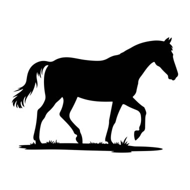 Siyah bir at silueti bir çim şeridi üzerinde yürürken resmedilir. At profilden gösteriliyor, başı dik ve kuyruğu akıyor. Çimenler, görüntünün alt kısmında sivri siyah bir çizgi oluşturur. Bu da doğal bir çıkıntı olduğunu gösterir.