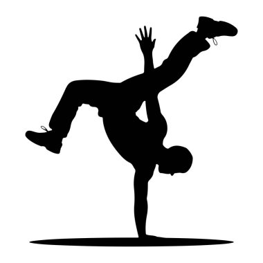 Breakdance hareketi yapan siyah bir siluet. Dansçı bir elinde, vücudunu uzatmış ve bacaklarını havaya kaldırmış olarak dengede duruyor. Siluet beyaz bir arkaplan üzerinde, dinamik duruşu ve atletik doğayı vurgulayan