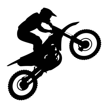 Beyaz bir arka planda gösteri yapan siyah bir motosiklet sürücüsünün silueti. Sürücü bir kask takıyor ve motorsikletin üzerine yerleştirilmiş, yukarı doğru açılı, ön tekerleği yerden kalkık. Görüntü dinamik bir anı yakalar.