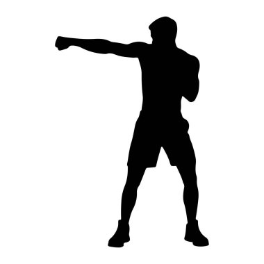 Beyaz arka planda siyah bir erkek boksör silueti tasvir edilir. Boksör dinamik bir pozisyonda, bir kolu yumruk hareketinde ileri doğru uzanıyor ve diğer kolu göğsüne yakın savunmada tutuluyor. Şort ve atletizm giyiyor.