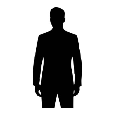 Siyah silueti olan bir adam öne bakıyor. Ceketi ve pantolonu olan resmi bir takım elbise giyiyor. Siluet beyaz bir arkaplanda izole edilmiş..