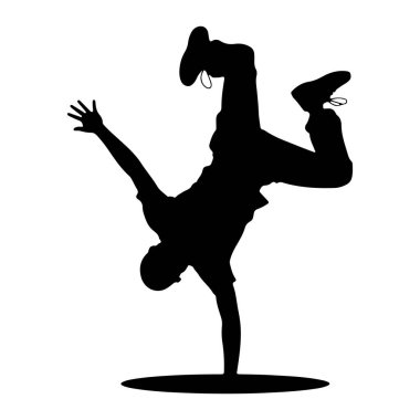 Breakdance hareketi yapan siyah bir siluet. Dansçı bir elinde bacakları yukarı ve dışarı doğru uzanmış olarak dengede duruyor. Diğer kolları, parmakları açık bir şekilde kalkıyor. Siluet, düz beyaz bir arkaplana karşı katıdır., 