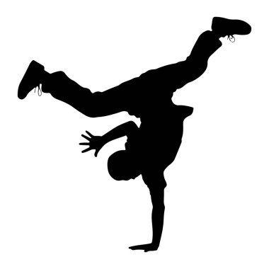 Dinamik bir break dans hareketi yapan, simsiyah bir siluet. Şekil bir yandan dengeli, bacakları yukarı ve dışarı doğru dramatik bir şekilde uzanıyor. Silüet, temiz beyaz bir arkaplan üzerine izole edilmiştir. 