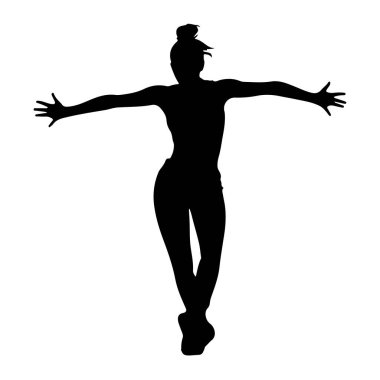 Beyaz arka planda siyah bir dansçı silueti tasvir edilir. Kolları dışa doğru uzanıyor, avuçları öne bakıyor, ve vücudu zarif, dinamik bir pozisyonda, hareket ve ifadeyi işaret ediyor. Saçları topuz gibi toplanmış. Şey...