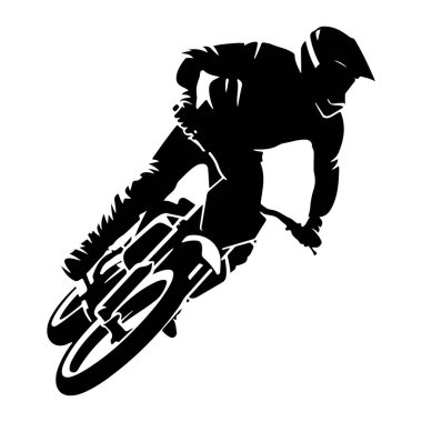 Simsiyah bir siluet, dağ bisikleti süren ve kaskı da dahil olmak üzere koruyucu giysili bir insanı tasvir eder. Sürücü viraja doğru eğiliyor, vücutları açılı ve motorun tekerlekleri hareketle eşleşmek üzere açılı. Siluet rende