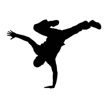 Dinamik bir break dans hareketi yapan siyah bir siluet. Şekil bir yandan dengeli, bacakları yukarı ve dışarı doğru karmaşık bir pozda uzanıyor. Siluet, düz beyaz bir arkaplan üzerine sabittir.