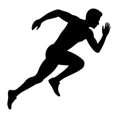 Düz beyaz bir zemine karşı dinamik koşu pozu veren siyah bir atlet silueti. Şekil orta basamakta, bir bacağı önde, diğeri arkada, kolları bükük ve itiş için konumlandırılmış bir şekilde yakalanır. Siluet bunu vurgular.