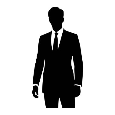 Siyah bir siluet. Ayakta duran ve ileriye bakan bir adam. O, ceket, gömlek ve kravat ile resmi bir takım elbise giyiyor. Siluet, düz beyaz bir arkaplana karşı katıdır..