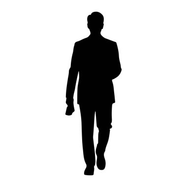Siyah bir siluet, takım elbise giyen ve beyaz arka planda ileri doğru yürüyen bir adam. Şekil, bir bacağı uzatılmış, diğeriyse bükülmüş bir şekilde profil ile resmedilmiş, bu da hareketi işaret ediyor. Takım elbise iyi dikilmiş gibi görünüyor, jayla.