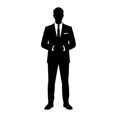 Siyah silueti olan bir adam öne bakıyor. Resmi bir takım elbise, ceket, kravat ve pantolon giyiyor. Elleri cebinde duruyor. Silüet düz beyaz bir arkaplan üzerine kurulur.