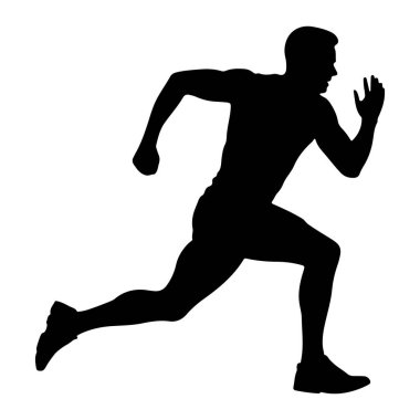 Bir erkek atletin siyah silüeti orta basamakta, kararlılıkla koşuyor. Vücudu öne doğru açılı, bir bacağı arkaya uzanıyor ve diğeri de dizine eğilip onu öne doğru itiyor. Kolları hareket ediyor, biri dirseğine ve dirseğine eğiliyor.