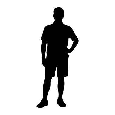 Siyah bir siluet beyaz bir arkaplanda duruyor. Tepeden tırnağa tasvir edilmiş, yakalı bir gömlek, şort ve ayakkabı giyiyor. Sol eli kalçasına yerleştirilmiş ve duruşu rahat bir duruşu gösteriyor. Görüntü temiz ve izole.