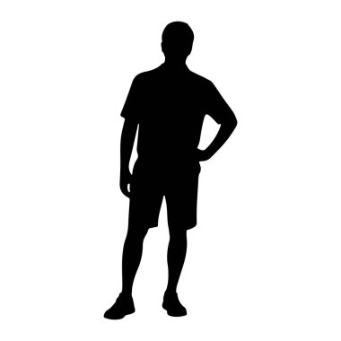 Beyaz bir arkaplana karşı duran siyah bir siluet. O bir tişört, şort ve ayakkabı giyiyor. Sol eli kalçasına yerleştirilmiş. Siluet koyu siyah bir şekildir. Vücudunun dış hatlarından başka belirgin bir özelliği yoktur.