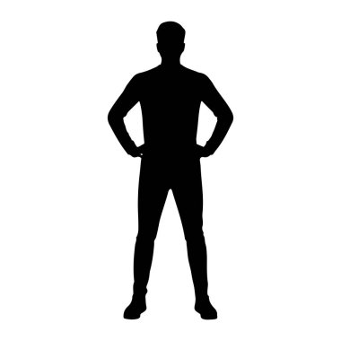 Siyah silueti olan bir adam elleri kalçasında beyaz bir zemine dayanıyor. Tepeden tırnağa tasvir edilen figür, tüm vücut hatlarını gösteriyor. Adamın uzun kollu giysisi ve pantolonu var gibi görünüyor.