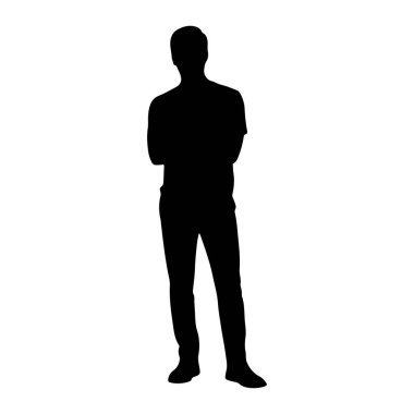 Bir adamın tüm vücudu siyah silueti kolları düz beyaz bir zemine bağlıyken ayakta duruyor. O bir tişört, pantolon ve ayakkabı giyiyor. Siluet, gözle görülür bir özelliği olmayan koyu siyah bir şekildir..