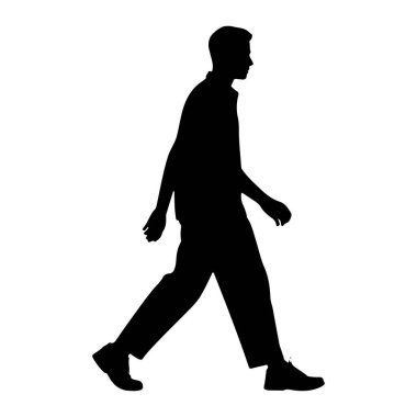Beyaz arka planda yürüyen bir adamın siyah silueti tasvir edilir. Şekil profil olarak gösteriliyor, sağa dönük, bir bacağı öne ve diğeri arkaya doğru uzanıyor. Kolları hafifçe bükülmüş ve gevşek sallanıyor. Öyle görünüyor.