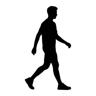 Bir adamın siyah silueti profilde betimlenir, soldan sağa düz beyaz bir arkaplanda yürür. Şekil orta basamakta, bir bacağı öne, diğeri de arkaya doğru uzanıyor. Kollar da hareket ediyor.